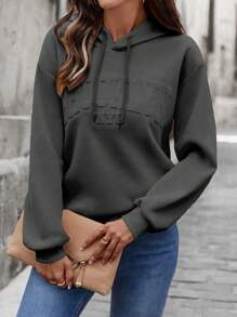 EMERY ROSE Women's Casual Loose Hooded Sweatshirt With 3D Letter Graphic,Long Sleeve Top,Graduation,Teacher,Back To School Pullover Fall - Dark Grey - View 4