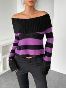 INAWLY Damen Gestreifter Crop Pullover mit Off-Shoulder Ausschnitt, Langarm Strickpullover für Herbst/Winter - Schwarz - Übersicht 6
