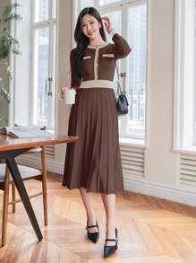 DAZY Vestido suéter largo minimalista con mangas largas, botones frontales y bolsillo falso, ropa de mujer para el otoño