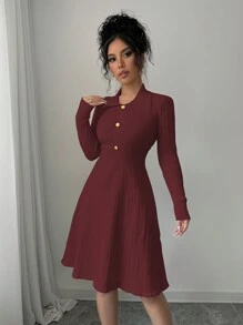 Elenzga Women Fall Casual Solid Color Fitted Waist A-Line Sweater Dress - Burgundy - View 3
