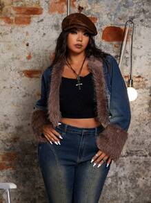 SHEIN ICON Plus Size Contrast Color Fuzzy Patchwork Cropped Christmas Thanksgiving Denim Jacket, Autumn - Blue - View 4