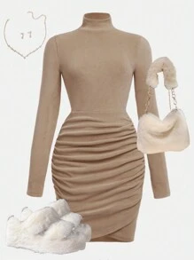 SHEIN Teen Girls All-Match Versatile Dress With Ruched Hips, Mock Neck Cross Front Design, Brown, Elegant, Suitable For Warm/Cold Weather, Thermal/ Thermal Lined Leggings, Fluffy/Fuzzy Stand Collar Pullover, Flannel, Fold Waistband, Stacked