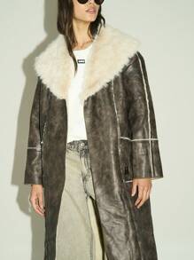 AiiRZ Winter Shearling Long Coat Luxury Faux Leather Wrap Belted Warm Outerwear Soft Fluffy Plush Collar Elegant Full Length Statement Piece Holiday Season - Brown - View 4