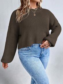SHEIN LUNE Plus Size Women Plain Round Neck Drop Shoulder Long Sleeve Casual Sweater, Autumn/Winter Knit Pullover Fall - Coffee Brown - View 3