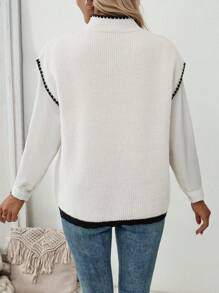 SHEIN LUNE 1 件女式休闲圆领撞色边饰蝙蝠袖毛衣背心，秋季 - 米色 - 查看 2