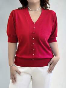 Plus Size Short Sleeve Embellished Faux Pearl Knitted Sweater, Spring/Autumn For New Year, For Winter Fall - Red - View 3