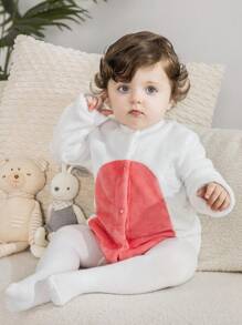 SHEIN Conjunto de bebé recién nacido de manga larga con cuello redondo, cierre delantero con botones y contraste de color en felpa para otoño/invierno - Blanco - Ver 6