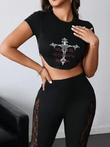 INAWLY 2pcs Women's Fashionable Cross Slogan Print Short Sleeve T-Shirt And Lace Patchwork Flare Pants Set, Summer - Black - View 6
