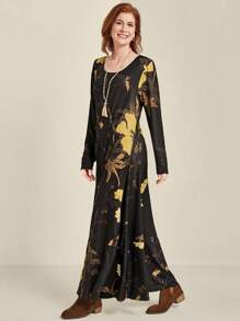 EMERY ROSE Plus Size Women's Digital Print Round Neck Long Sleeve Knitted Dress, Autumn/Winter Maxi Women Outfit