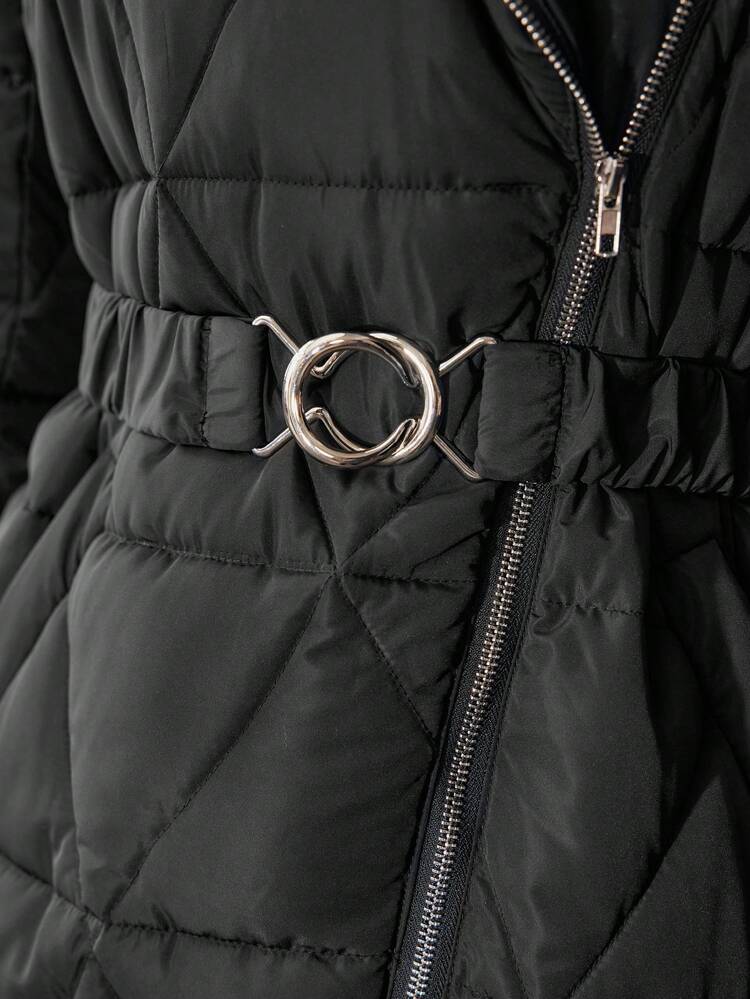 솔리드 폭포 카라 버클 벨트 지퍼 프라켓 겨울 코트