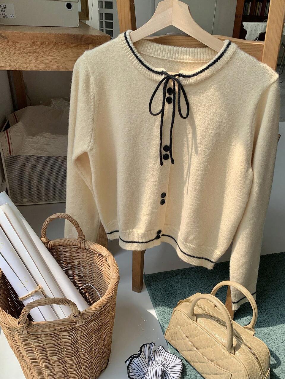 Women Casual Colorblock Bowknot Knitted Sweater, Autumn/Winter,Long Sleeve Tops