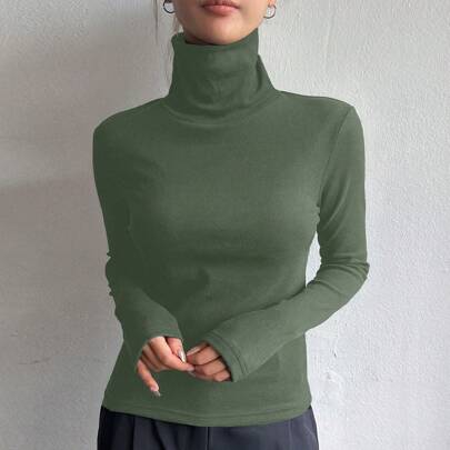 여성 솔리드 컬러 터틀넥 긴팔 캐주얼 티셔츠, 보온 안감 적용, 가을과 겨울에 적합, 플리스 안감