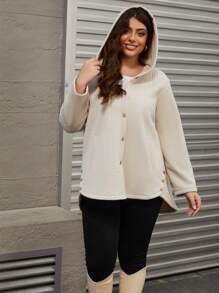 Mulvari Plus Size Casual Front Button Hooded Coat, Autumn Fall Clothes - Beige - View 1