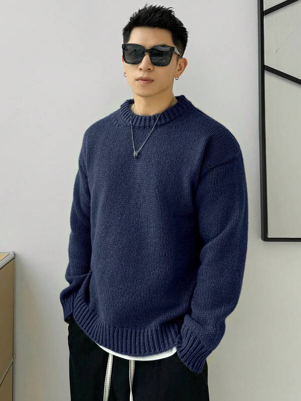 DAZY Men's Casual Round Neck Solid Color Drop Shoulder Sweater, Autumn/Winter