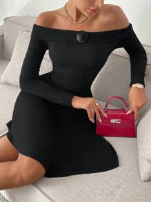 SHEIN Frenchy Women Asymmetric Waistline Off-Shoulder 3D Floral Printed Dress
