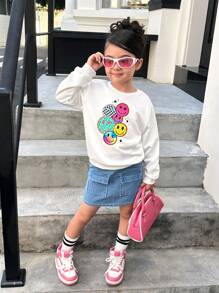 SHEIN Explorewe Girls Back-To-School Autumn School Outing White Crew Neck Sweatshirt With Colorful Smiling Face Graphic & Light Blue Denim Fitted Mini Skirt,2pcs Set - Multicolor - View 1