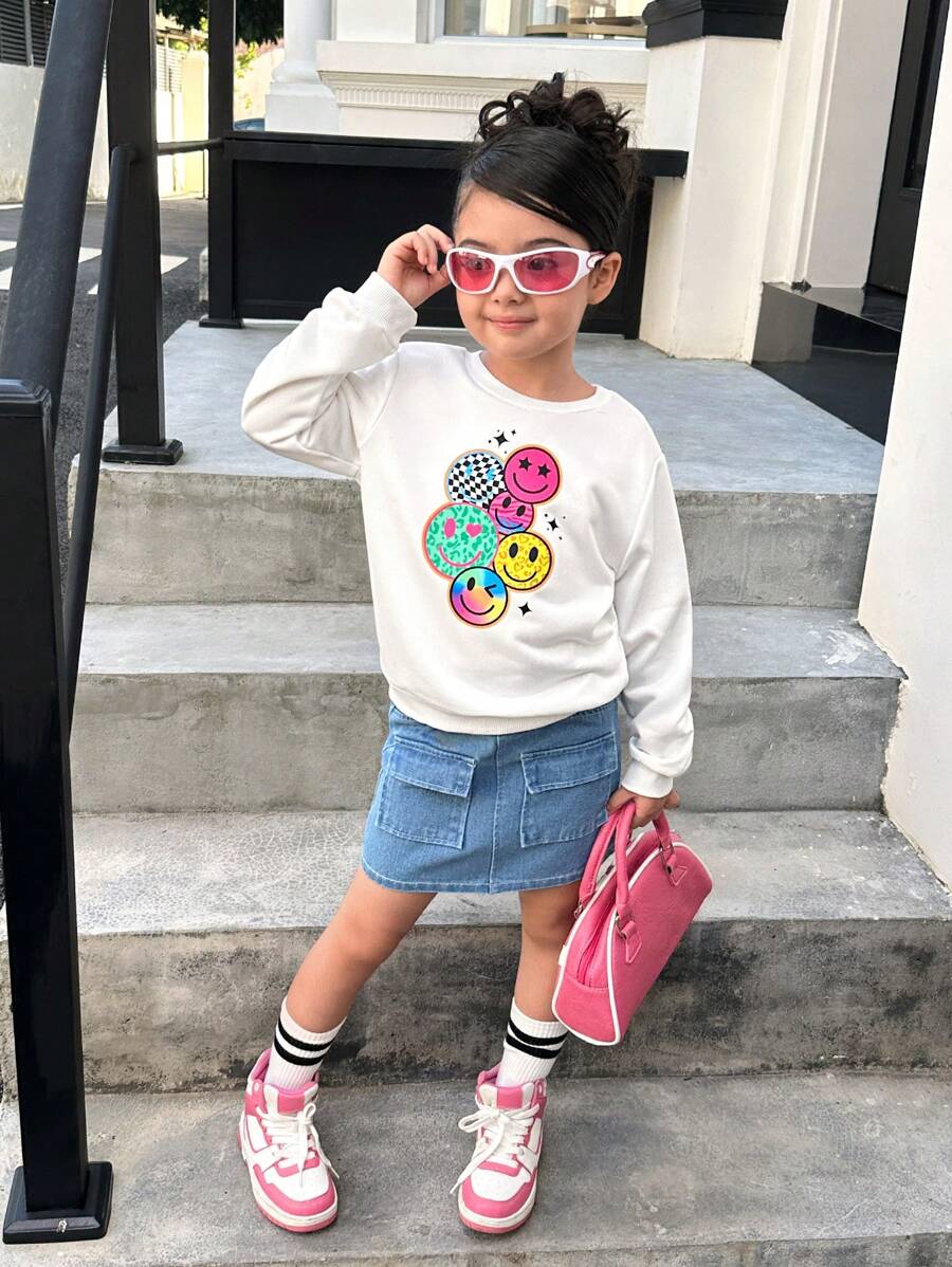 SHEIN Explorewe Girls Back-To-School Autumn School Outing White Crew Neck Sweatshirt With Colorful Smiling Face Graphic & Light Blue Denim Fitted Mini Skirt,2pcs Set - Multicolor - View 1