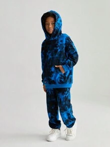 SHEIN 2pcs/Set Tween Boy Street Style All-Over Print Hooded Long Sleeve Sweatshirt And Pouch Pocket Sweatpants - Blue - View 5