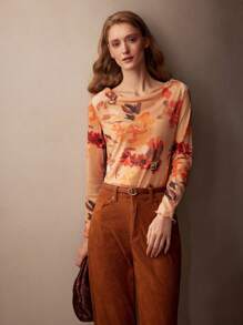 MOTF PREMIUM FLORAL PRINT BOAT NECK LETTUCE TRIM TEE