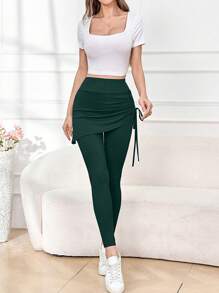 Mulvari Women's Plain Color Side Drawstring Insert Skirt, Casual 2 In 1 Leggings - Dark Green - View 5
