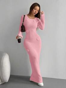 EgrlEra 1 件女式后系带花卉提花针织连衣裙 - 淺粉色 - 查看 4