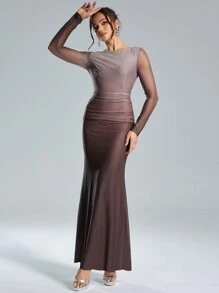 SHEIN Belle Women Ombre Color Round Neck Long Sleeve Pleated Fishtail Hem Elegant Cocktail Party Dress, Prom Semi Formal Dress, For Birthday, Wedding Guest, Graduation, Dinner, Homecoming