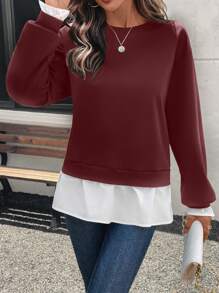 SHEIN LUNE Women's Casual Color Block 2 In 1 Pullover Sweatshirt Fall - Burgundy - View 6