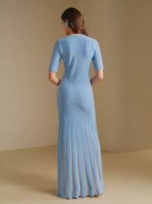 Anewsta 1 chiếc váy dệt kim thanh lịch cổ tròn tay ngắn thiết kế mới cho nữ - Màu xanh lam - Xem 3