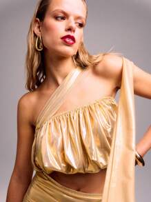 SHEIN Unity 金属质感弹力泡泡袖抹胸上衣，配有环形肩带 - 金色 - 查看 1