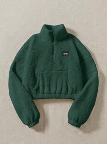 Comfortcana 字母贴饰细节袋鼠口袋落肩泰迪熊运动衫 - 墨綠色 - 查看 6