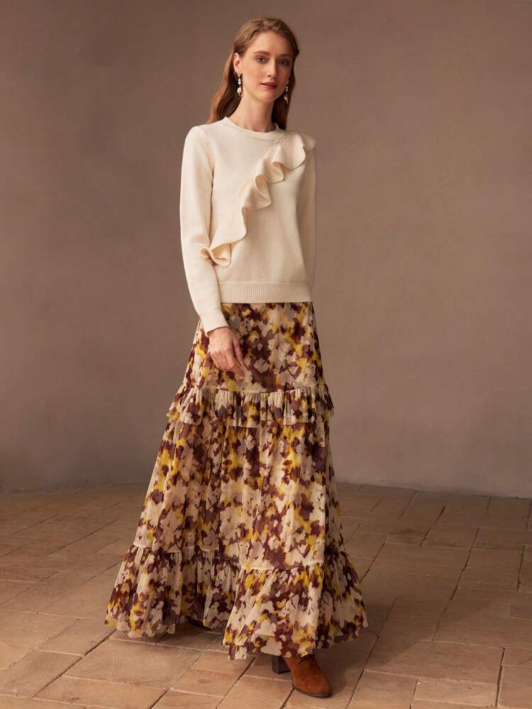 WOOL SOLID RUFFLE TRIM SWEATER, KNIT PULLOVER FALL WINTER
