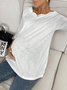 SHEIN Maternity Women's White Round Neck Loose Long-Sleeved Casual T-Shirt,Curved Wavy Neckline,Basic Autumn Everyday Smart Casual Drop Shoulder Fall Tops - White - View 3