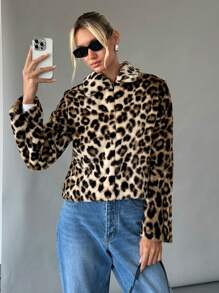 SHEIN Essnce 冬季女豹纹皮草外套短款保暖无人翻领夹克长袖毛绒豹纹休闲外套秋 - 棕色 - 查看 1