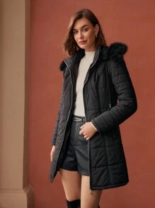 MOTF PREMIUM ÁO KHOÁC CÓ MŨ LÔNG CÓ KHÓA KÉO CÓ KHÓA KÉO CÓ THẮT LƯNG MÀU TƯƠNG PHẢN - màu đen - Xem 8