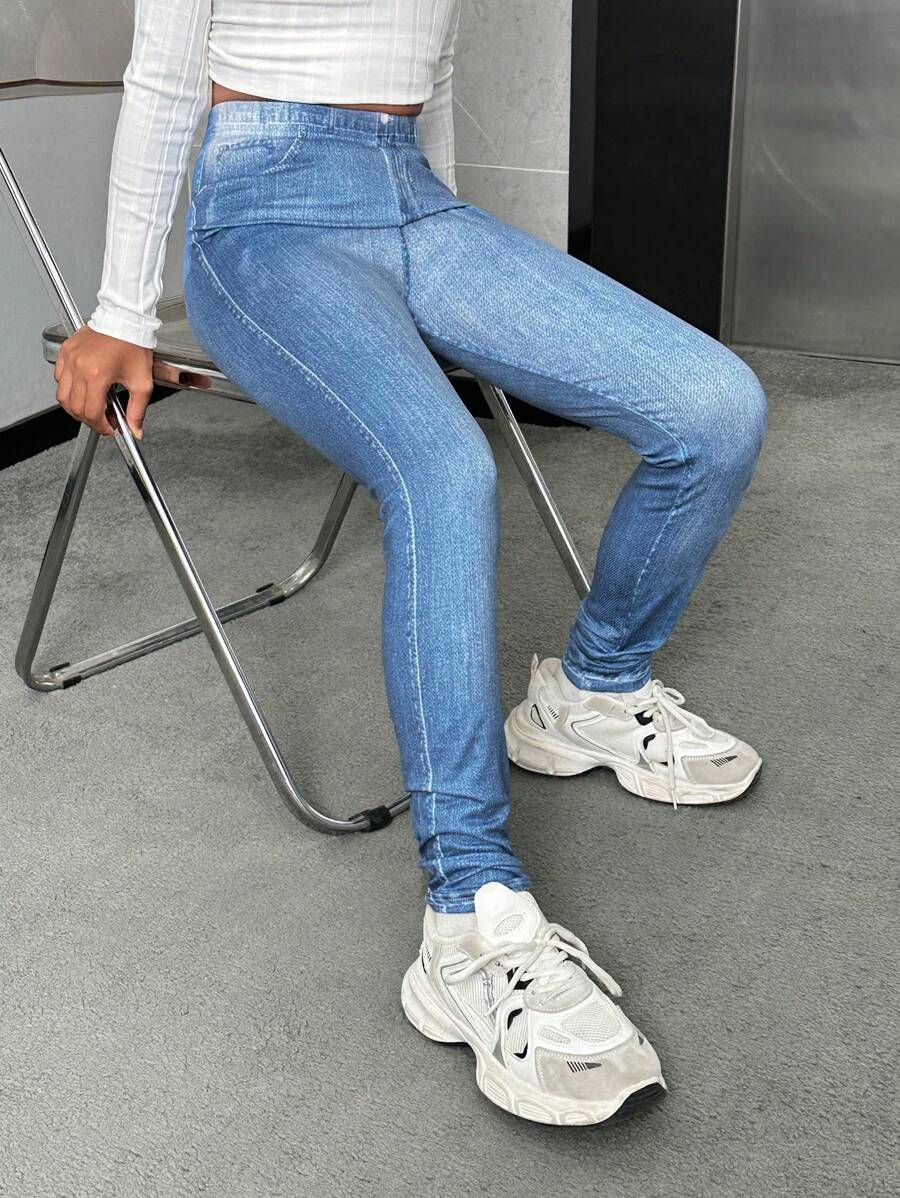 SHEIN Leap Crew Tween Girl Đan Denim có độ đàn hồi cao in hiệu ứng Jeggings - Màu xanh lam - Xem 1