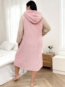 花卉印花口袋拼色连帽毛绒浴袍 - 彩色 - 查看 2