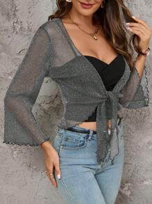 SHEIN Clasi 女式透明系带荷叶边袖夹克 - 灰色 - 查看 4