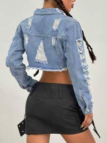 SHEIN PETITE Áo khoác denim ngắn tua rua rách thời trang nữ, mùa thu - Màu xanh lam - Xem 2