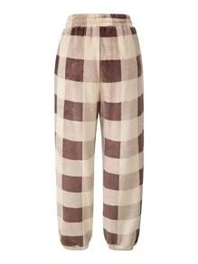 We Bare Bears X SHEIN Men's Casual Embroidered Cartoon Bear & Letter Gingham Print Flannel Drawstring Waist Jogger Pants, Autumn/Winter
