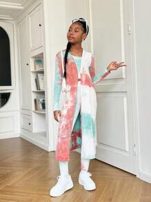 SHEIN Bộ trang phục 3 món cho bé gái tuổi mới lớn: Áo khoác cardigan nhuộm loang dài, áo ba lỗ bó sát và quần legging, thường ngày - Màu Khaki - Xem 4
