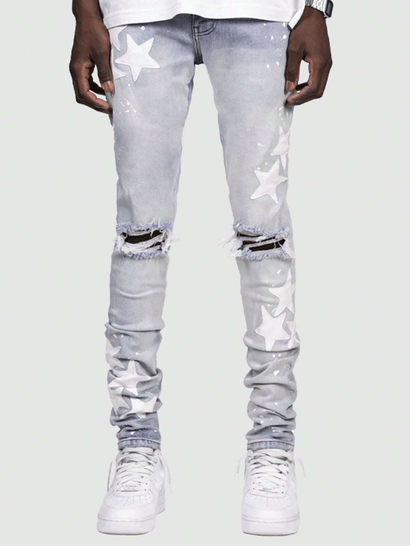 Our Street Life Men's Casual Washed Star Print Ripped Skinny Jeans