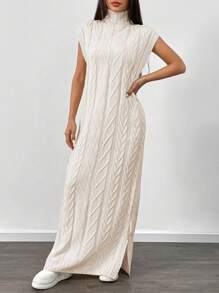 Chiquease Women High Neck Sleeveless Casual Long Knitted Sweater Dress