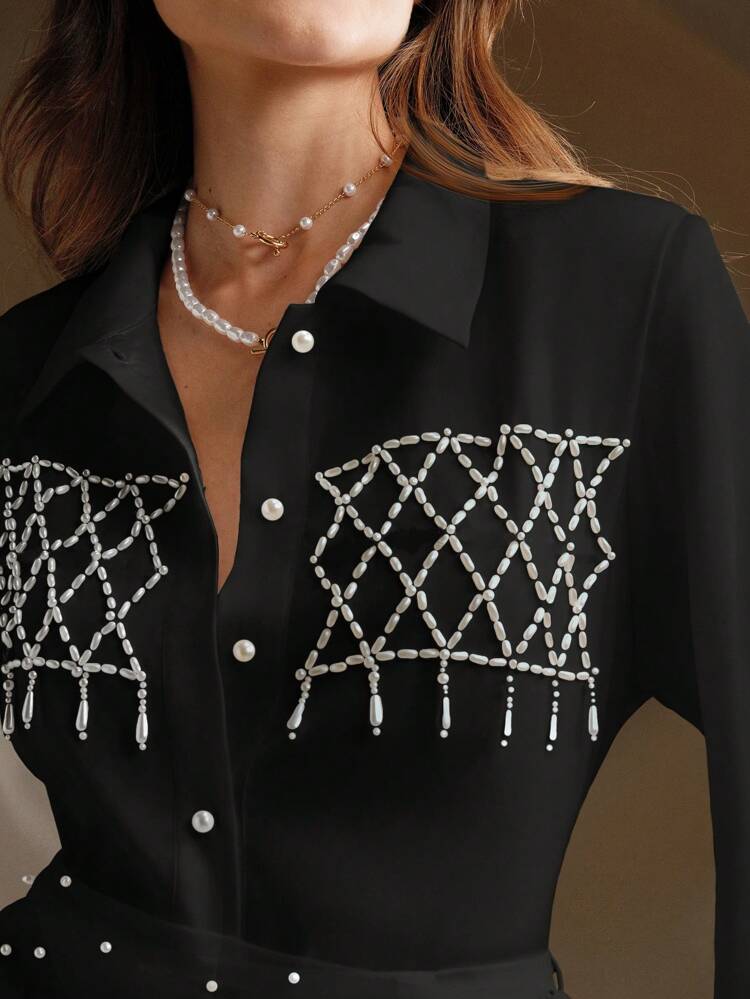 Pearl Chain Decorated Long Sleeve Blouse, Elegant Women Shirt