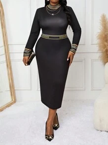 SHEIN Lady Vestido recto entallado de manga larga y longitud midi, de cuello alto con textura de punto en colores elegantes, para primavera, verano, otoño e invierno, tallas grandes