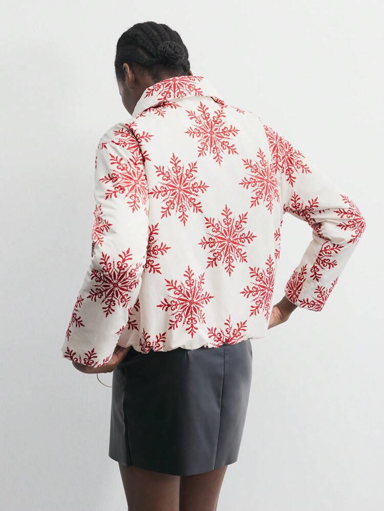 SHEIN Maija Women's Christmas All-Over Snowflake Print Long Sleeve Front Zipper Casual Warm Padded Coat, Winter
