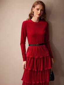 MOTF PREMIUM SOLID PLISSE LAYERED RUFFLE HEM BUCKLE BELTED DRESS - Red - View 4