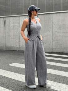 SHEIN EZwear Plus Size 3-Piece Suit Set: Retro Style Gray Blazer, Vest And Pants For Commuter Wear