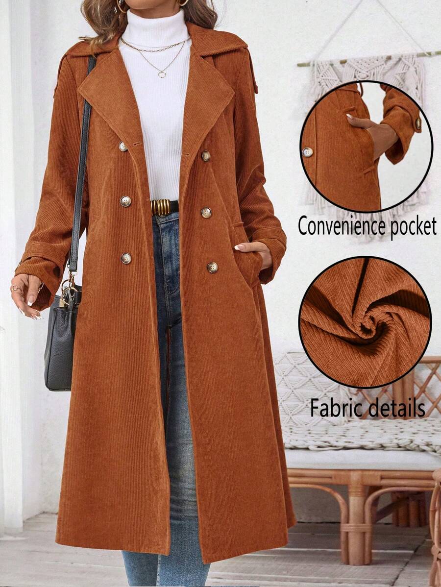SHEIN Clasi Women's Autumn/Winter Long Sleeve Corduroy Cinched Waist Trench Coat