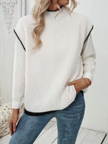 SHEIN LUNE 1 件女式休闲圆领撞色边饰蝙蝠袖毛衣背心，秋季 - 米色 - 查看 6