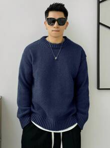 DAZY 男士休闲圆领纯色落肩毛衣，秋冬 - 藏蓝色 - 查看 3